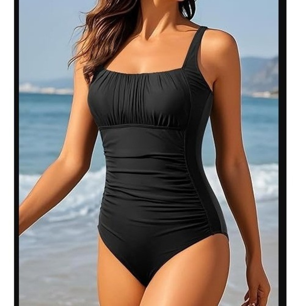 Aqua Eve Womens‎ One Piece Swimsuit Black Ruched Tummy Control Size L - Picture 9 of 9